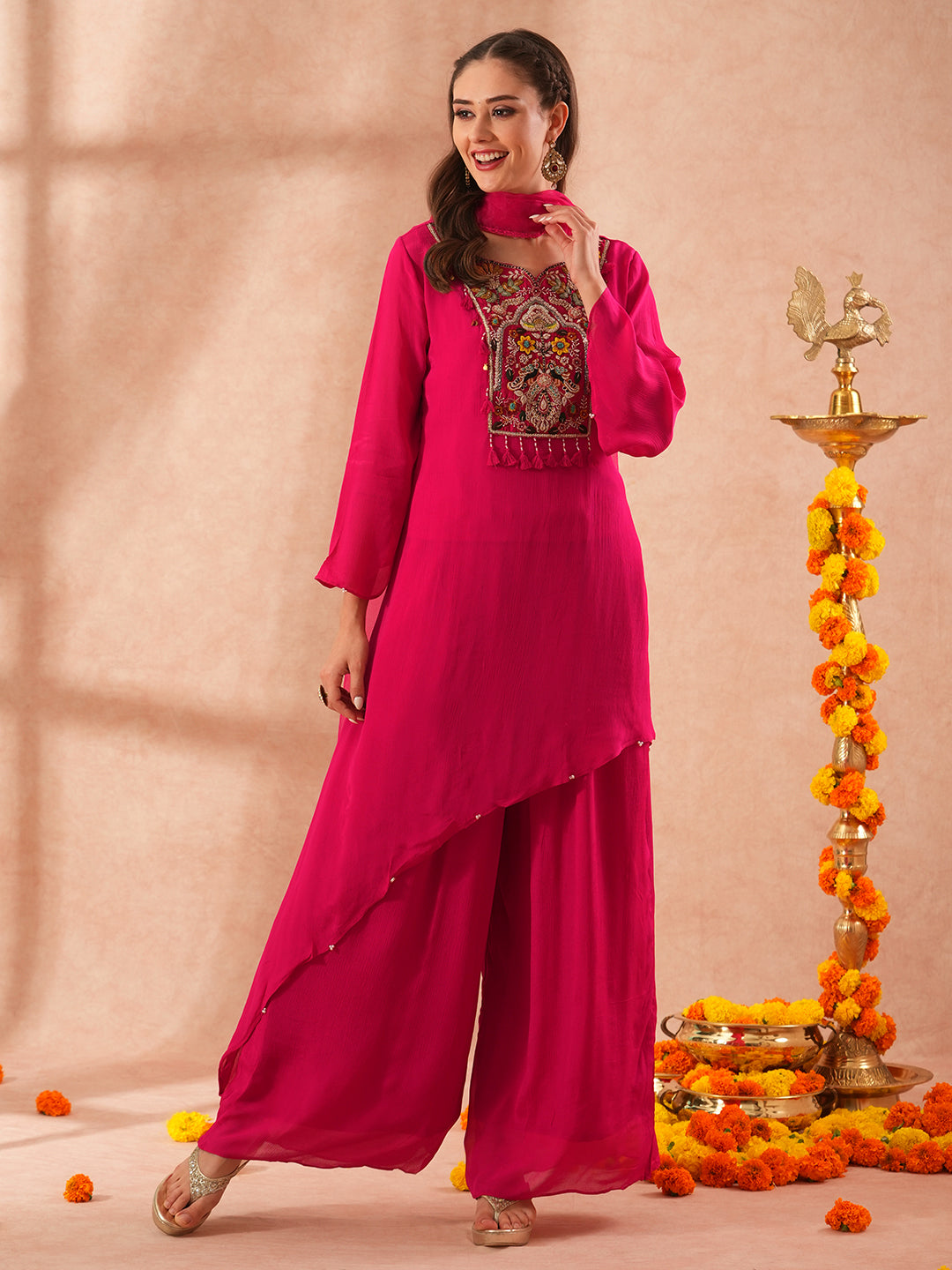 Solid Floral Hand Embroidered A Line Asymmetric Kurta with Palazzo D FASHOR