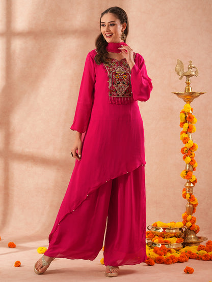 Solid Floral Hand Embroidered A-Line Asymmetric Kurta with Palazzo & Dupatta - Pink