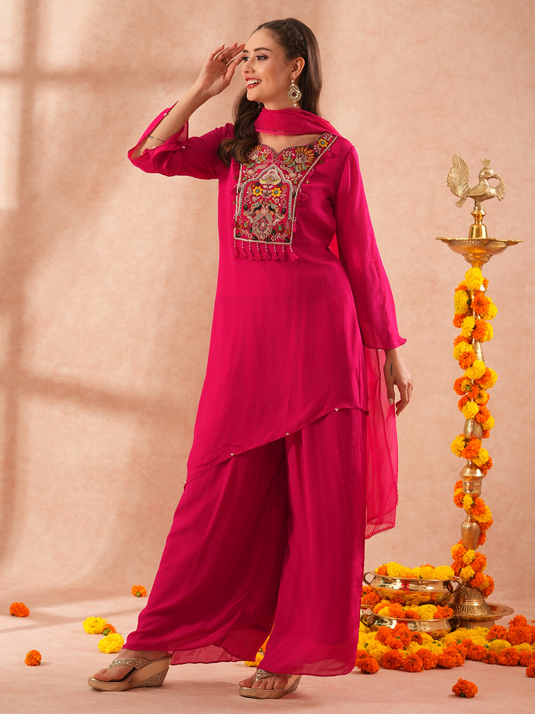 Solid Floral Hand Embroidered A-Line Asymmetric Kurta with Palazzo & Dupatta - Pink