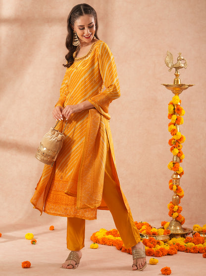 Leheriya Printed Embroidered Straight Fit Kurta with Pant and Dupatta - Yellow