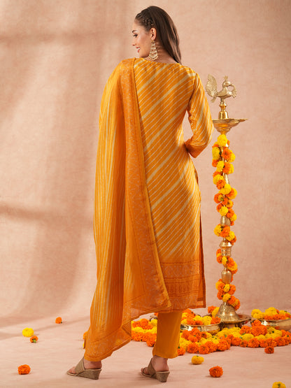 Leheriya Printed Embroidered Straight Fit Kurta with Pant and Dupatta - Yellow