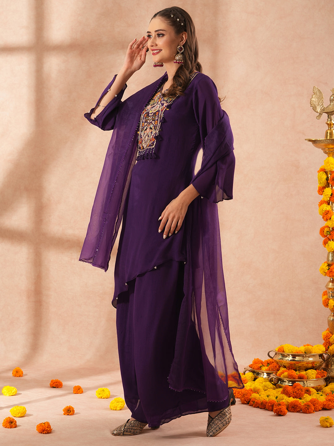 Solid Floral Hand Embroidered A-Line Asymmetric Kurta with Palazzo & Dupatta - Purple