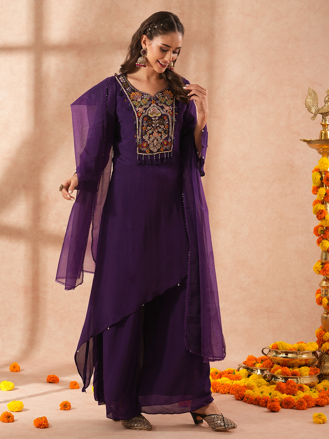 Solid Floral Hand Embroidered A-Line Asymmetric Kurta with Palazzo & Dupatta - Purple