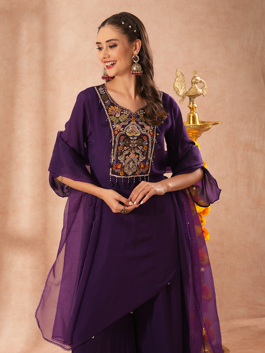 Solid Floral Hand Embroidered A-Line Asymmetric Kurta with Palazzo & Dupatta - Purple