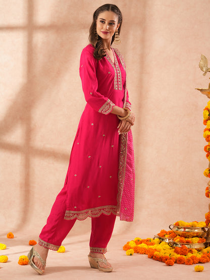 Solid Floral Ethnic Embroidered Straight Kurta with Pant and Bandhani Dupatta - Pink