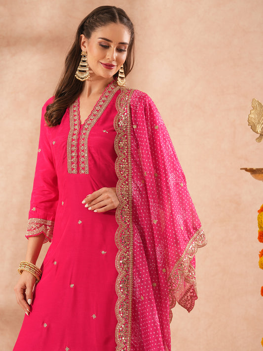 Solid Floral Ethnic Embroidered Straight Kurta with Pant and Bandhani Dupatta - Pink