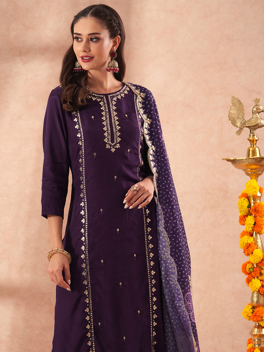 Solid Floral Gota Patti Embroidered Straight Fit Kurta with Pant and Bandhani Dupatta - Deep Purple