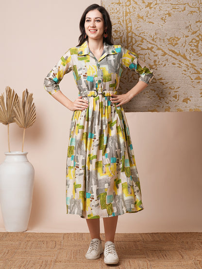 Abstract Geometric Printed A-Line Pleated Midi Dress with Buckle Belt - Multi