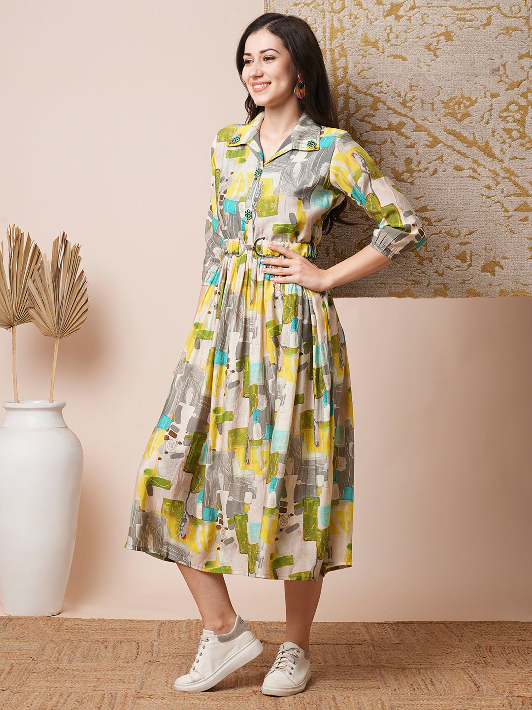 Abstract Geometric Printed A-Line Pleated Midi Dress with Buckle Belt - Multi