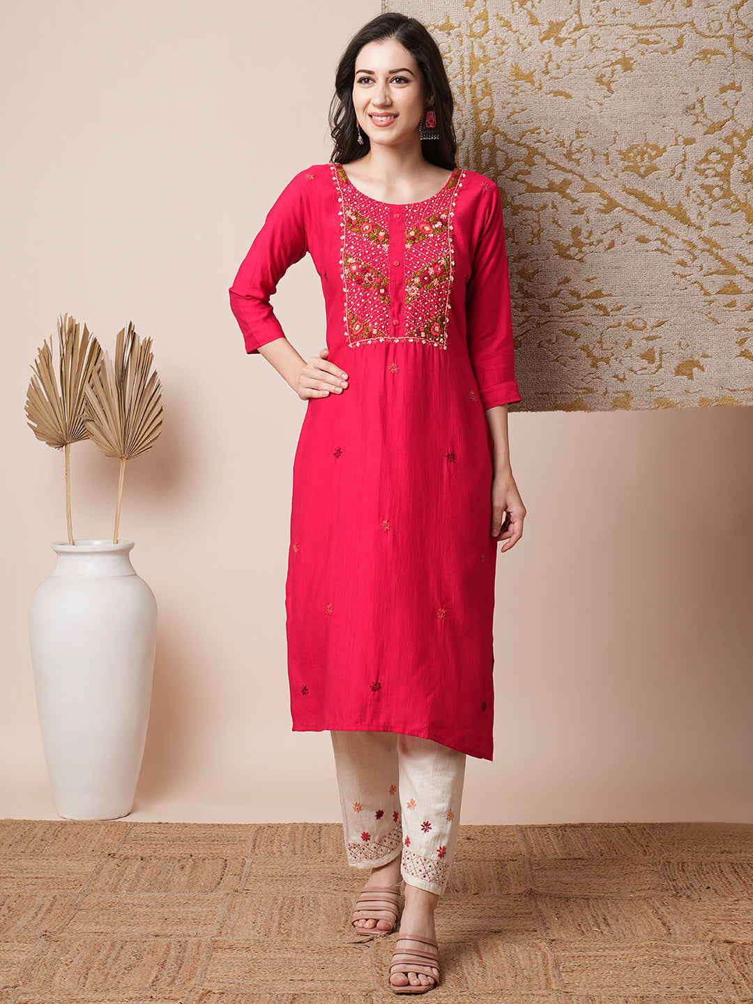 Solid Floral Hand Embroidered Straight Fit Kurta with Pant - Pink