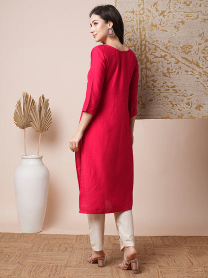 Solid Floral Hand Embroidered Straight Fit Kurta with Pant - Pink