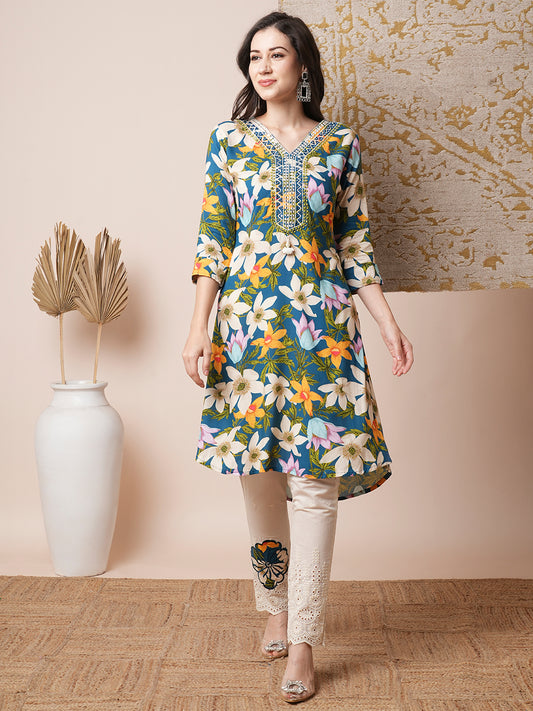 Abstract Floral Printed & Embroidered Straight Fit Kurta with Pant - Blue