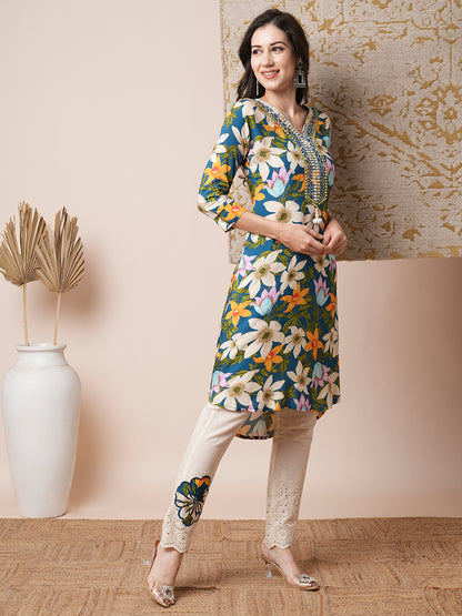 Abstract Floral Printed & Embroidered Straight Fit Kurta with Pant - Blue