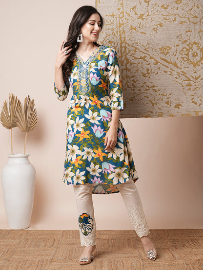 Abstract Floral Printed & Embroidered Straight Fit Kurta with Pant - Blue