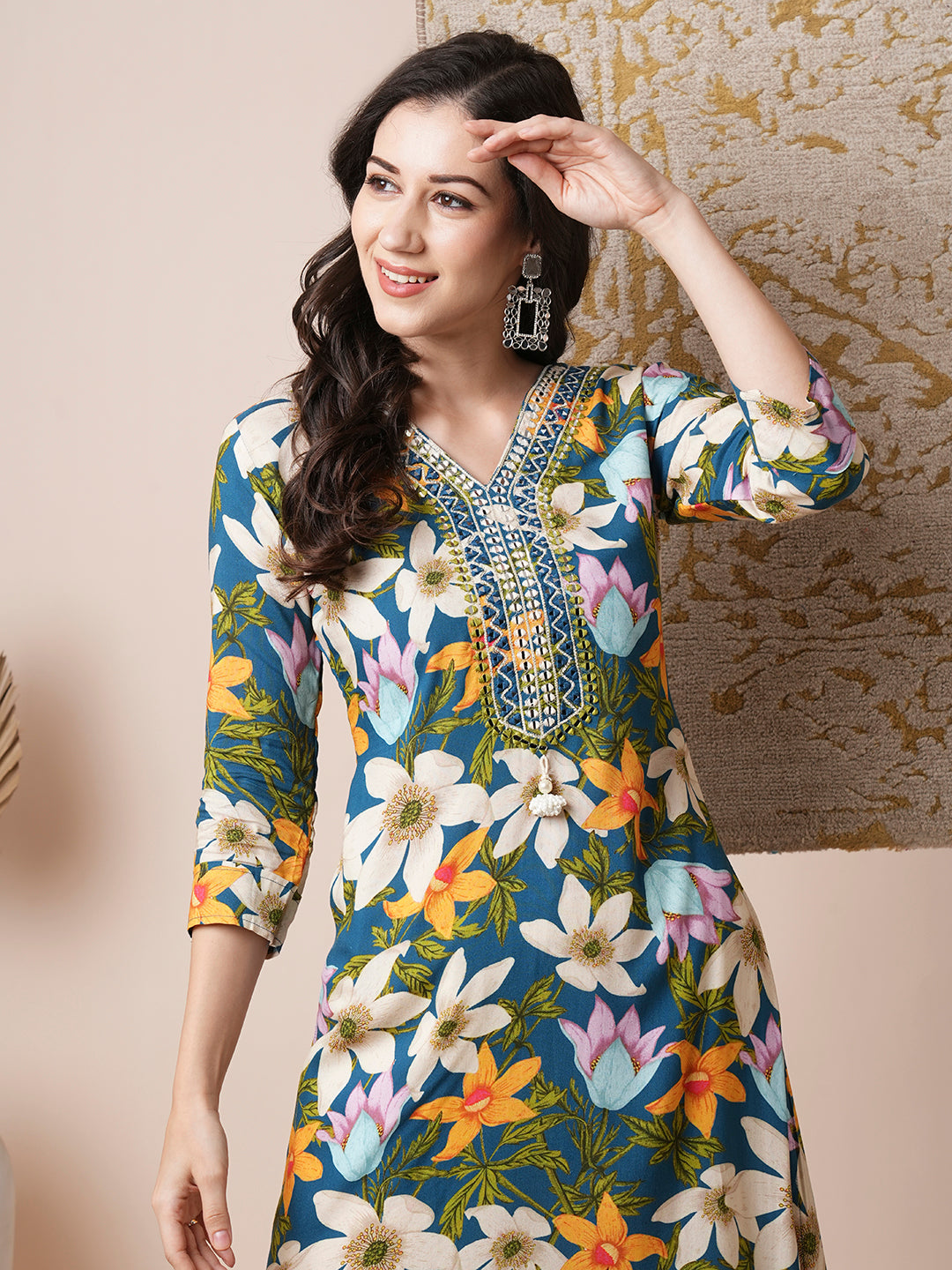 Abstract Floral Printed & Embroidered Straight Fit Kurta with Pant - Blue