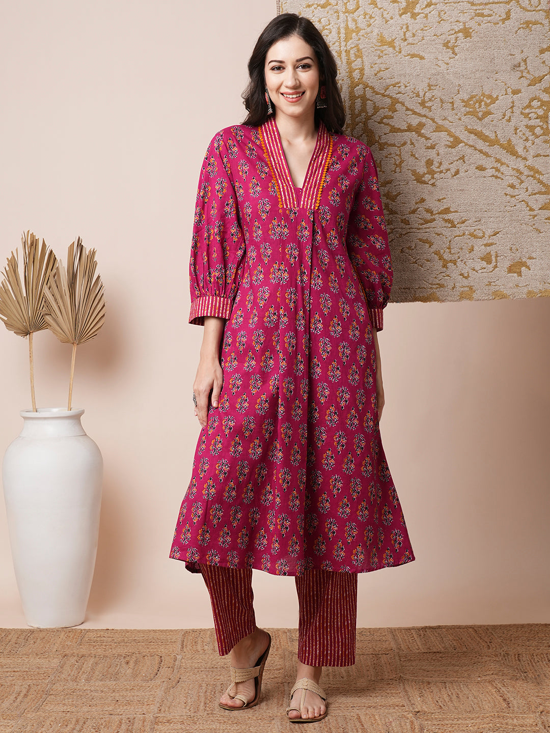 Ethnic Floral Printed A-Line Pleated Kurta with Pant - Magenta