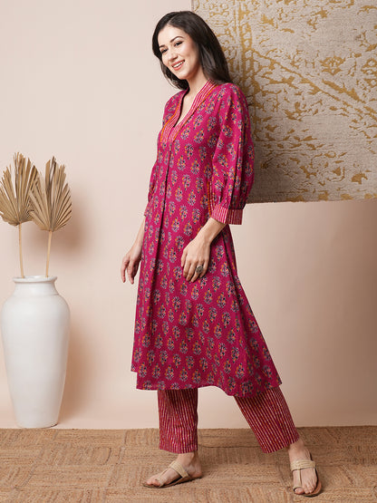 Ethnic Floral Printed A-Line Pleated Kurta with Pant - Magenta