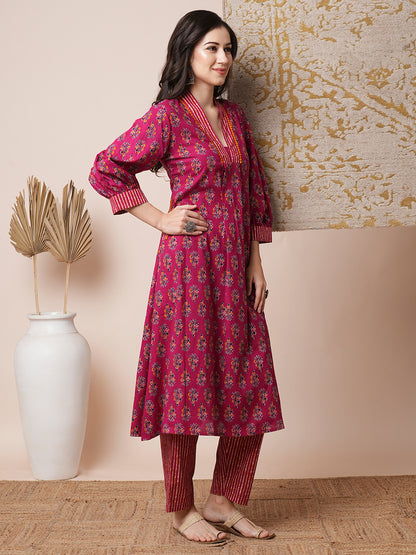 Ethnic Floral Printed A-Line Pleated Kurta with Pant - Magenta