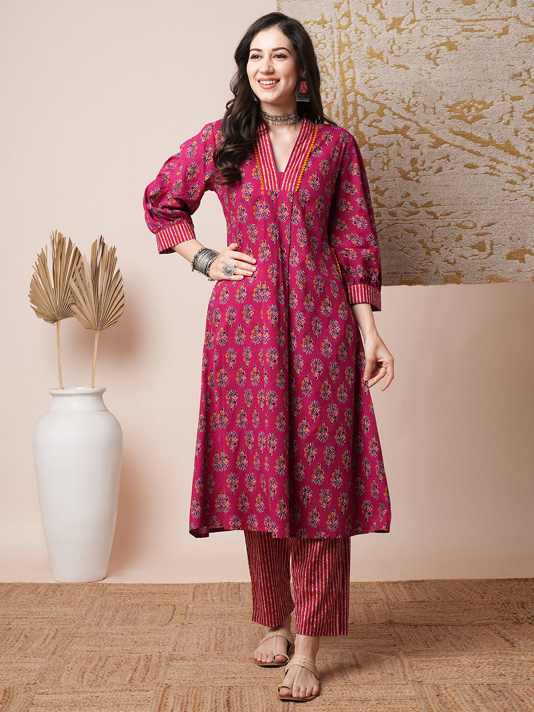 Ethnic Floral Printed A-Line Pleated Kurta with Pant - Magenta