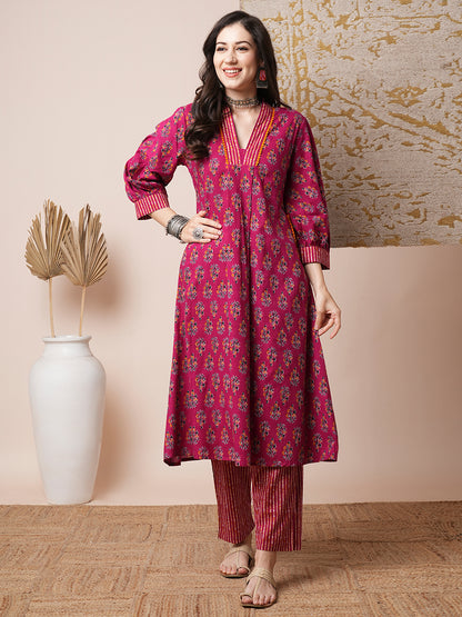 Ethnic Floral Printed A-Line Pleated Kurta with Pant - Magenta