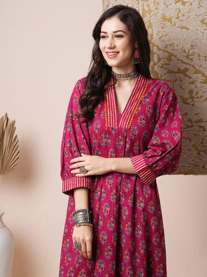 Ethnic Floral Printed A-Line Pleated Kurta with Pant - Magenta