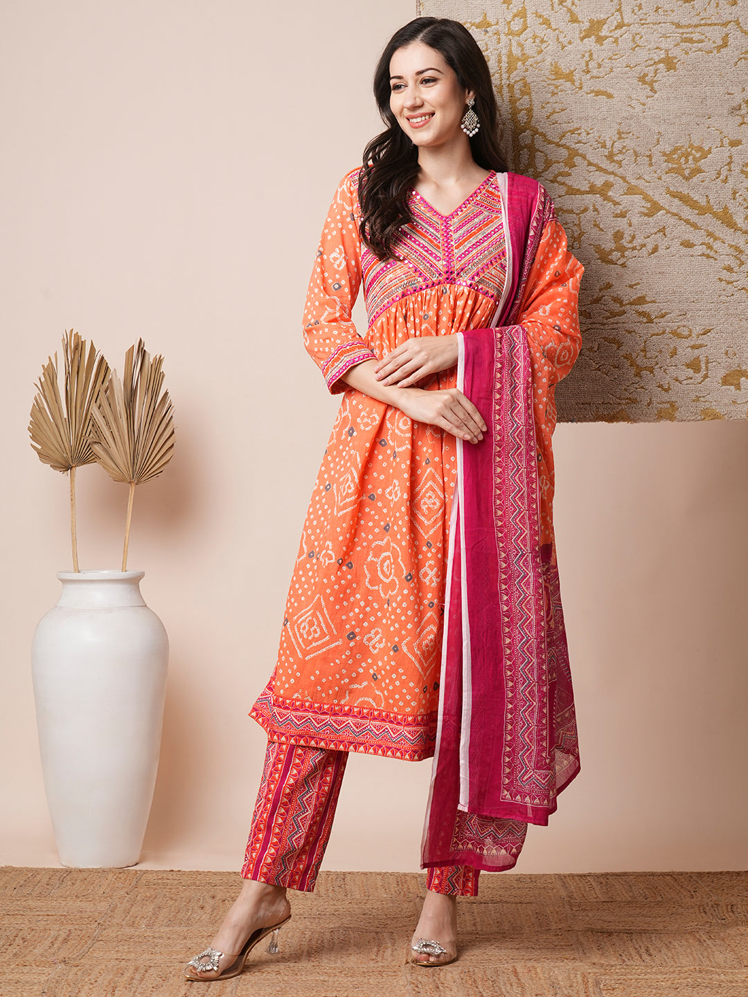 Ethnic Printed Embroidered A-Line Pleated Kurta with Pant and Dupatta - Peach