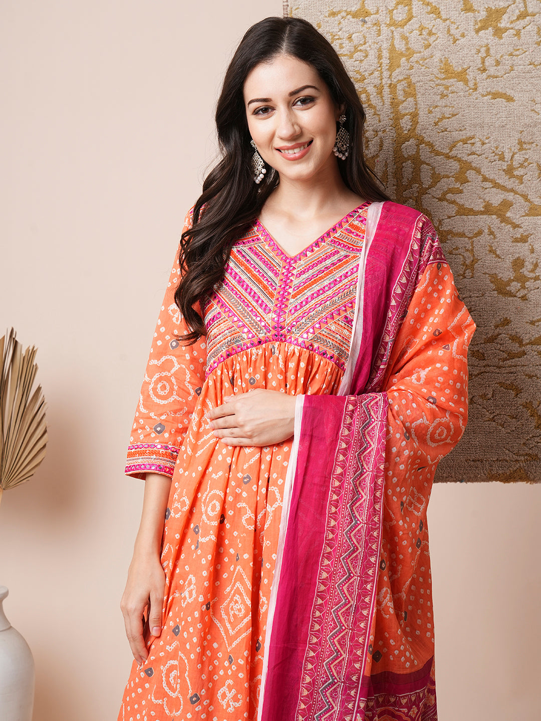 Ethnic Printed Embroidered A-Line Pleated Kurta with Pant and Dupatta - Peach