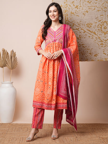 Ethnic Printed Embroidered A-Line Pleated Kurta with Pant and Dupatta - Peach