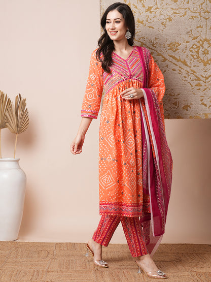 Ethnic Printed Embroidered A-Line Pleated Kurta with Pant and Dupatta - Peach