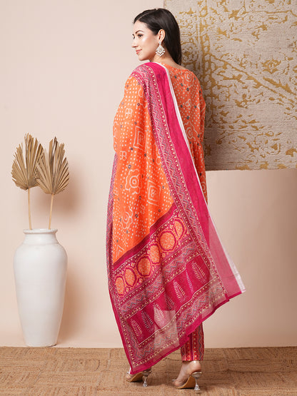 Ethnic Printed Embroidered A-Line Pleated Kurta with Pant and Dupatta - Peach