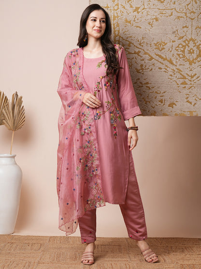 Solid Floral Hand Embroidered Straight Fit Kurta with Pant and Organza Dupatta - Dusty Pink