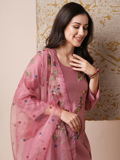 Solid Floral Hand Embroidered Straight Fit Kurta with Pant and Organza Dupatta - Dusty Pink