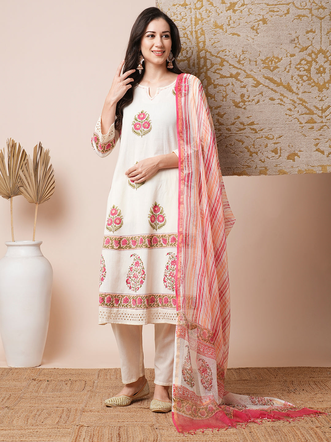 Floral Block Printed & Embroidered A-Line Kurta with Pant & Dupatta - Off White