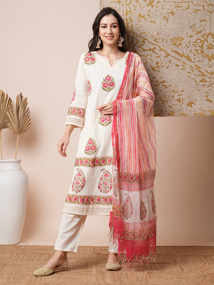 Floral Block Printed & Embroidered A-Line Kurta with Pant & Dupatta - Off White