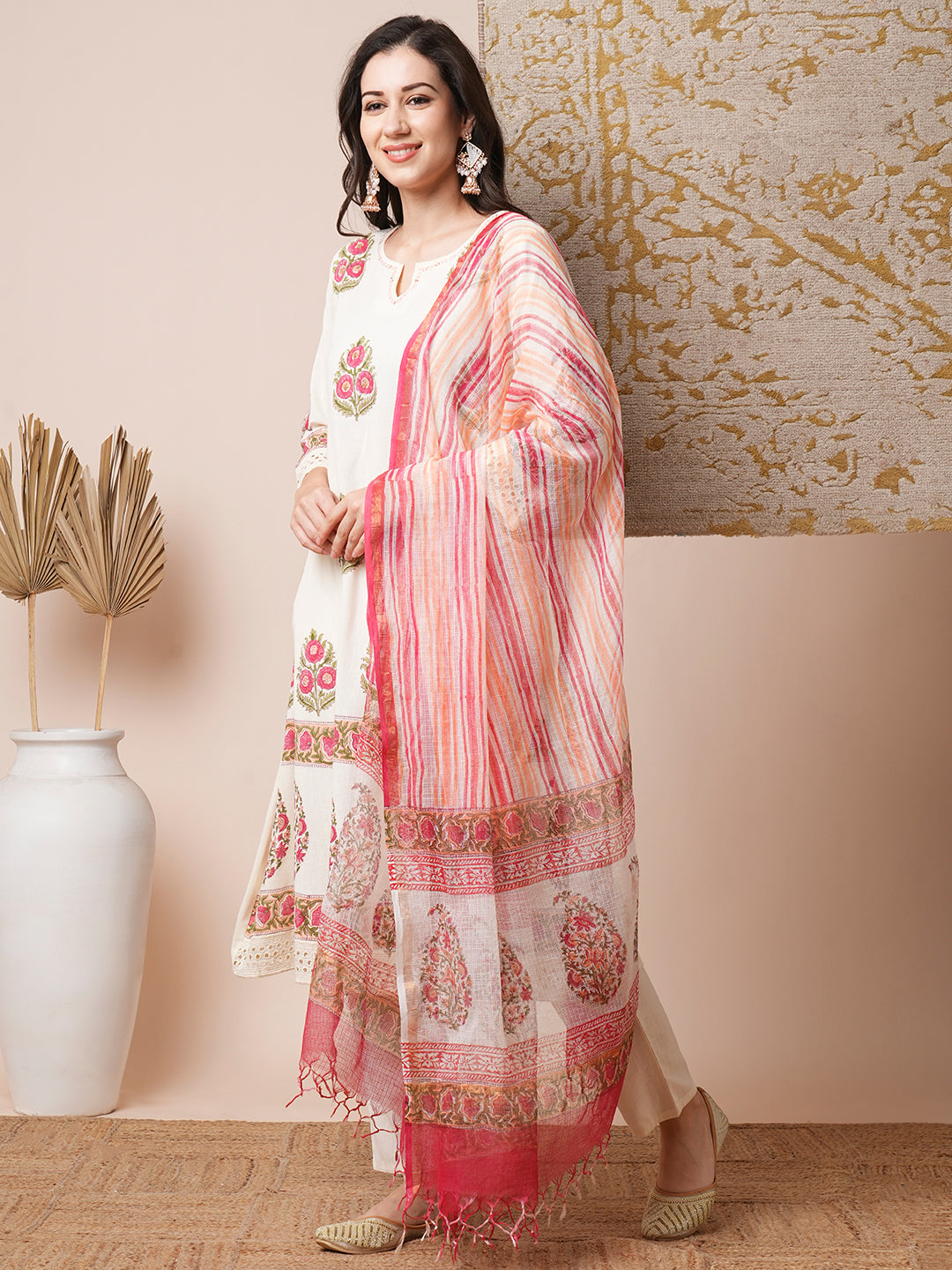 Floral Block Printed & Embroidered A-Line Kurta with Pant & Dupatta - Off White