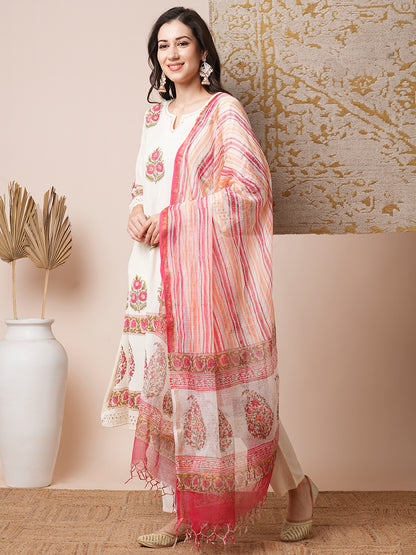 Floral Block Printed & Embroidered A-Line Kurta with Pant & Dupatta - Off White