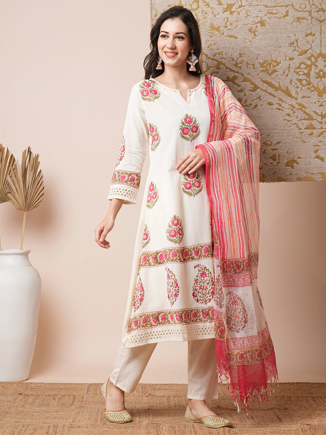 Floral Block Printed & Embroidered A-Line Kurta with Pant & Dupatta - Off White