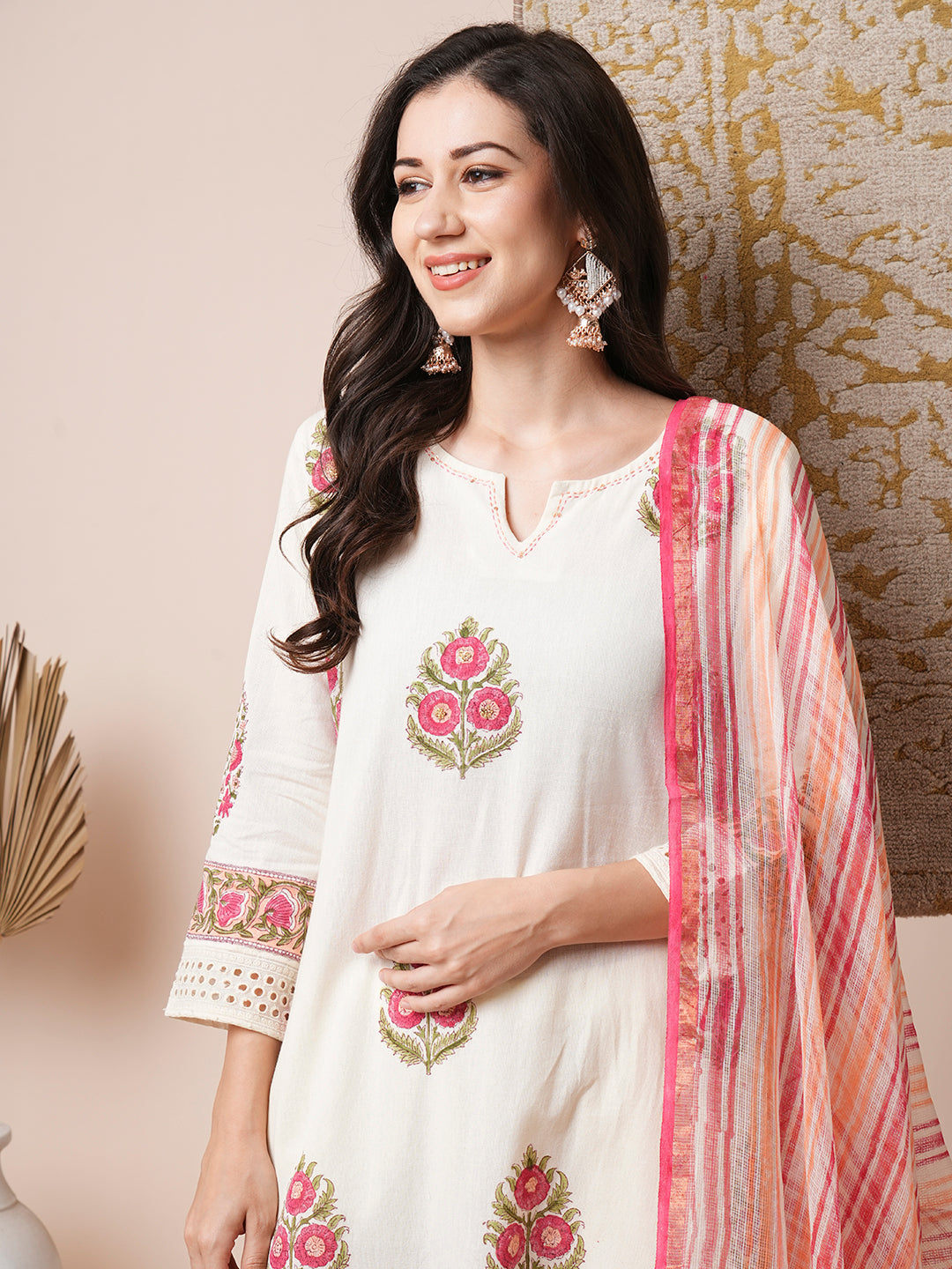 Floral Block Printed & Embroidered A-Line Kurta with Pant & Dupatta - Off White