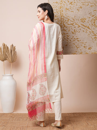 Floral Block Printed & Embroidered A-Line Kurta with Pant & Dupatta - Off White