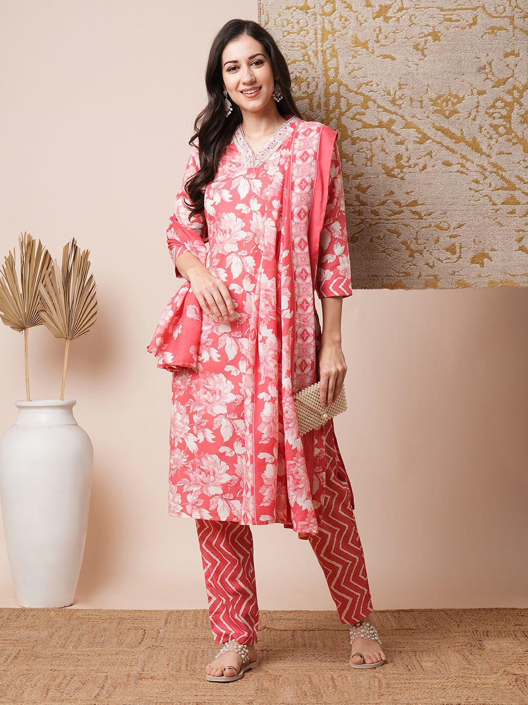 Floral Printed & Embroidered Straight Fit Kurta with Pant and Dupatta - Coral