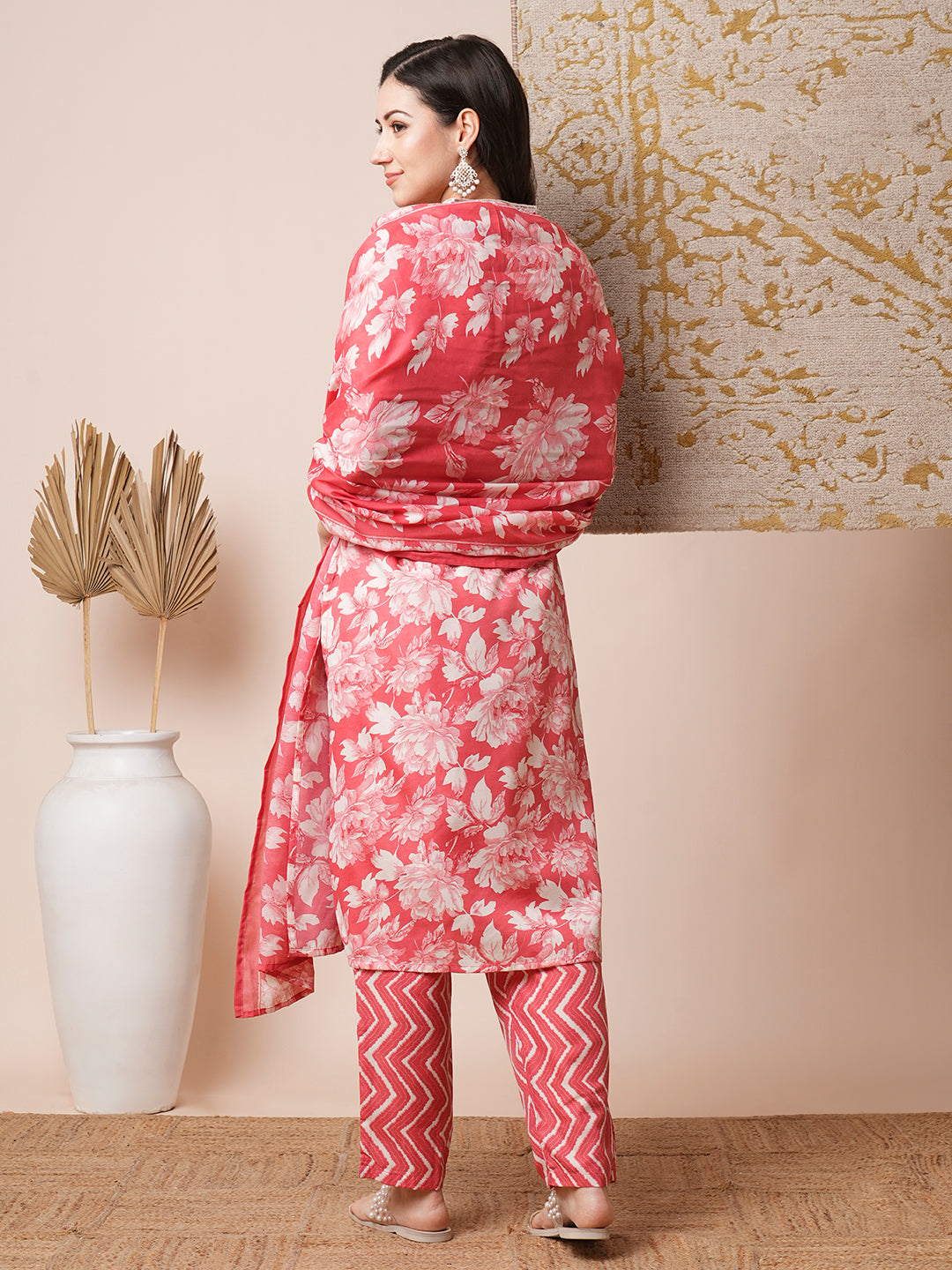 Floral Printed & Embroidered Straight Fit Kurta with Pant and Dupatta - Coral