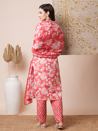 Floral Printed & Embroidered Straight Fit Kurta with Pant and Dupatta - Coral