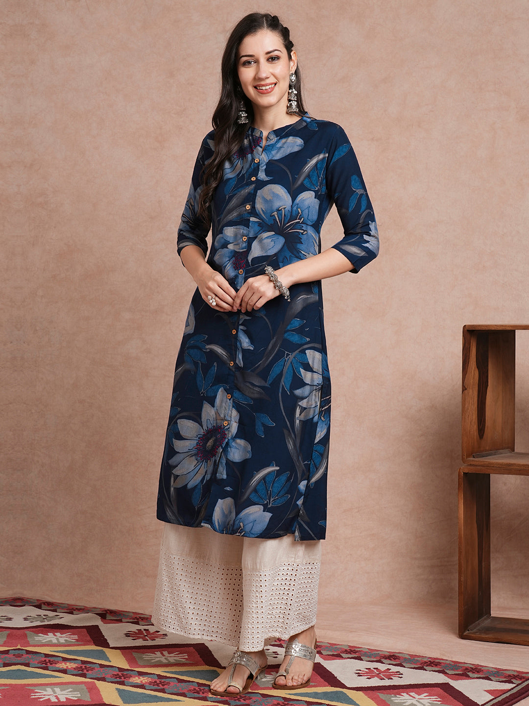 Abstract Floral Printed A-Line Kurta - Blue