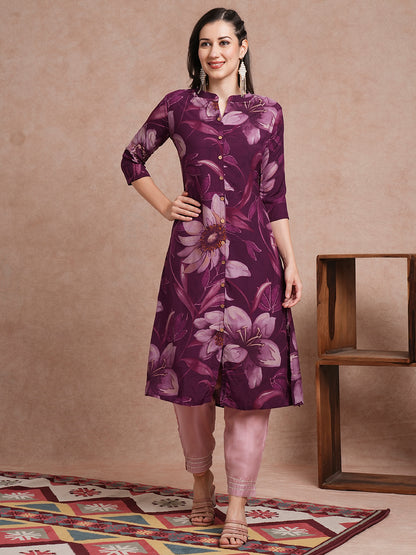 Abstract Floral Printed A-Line Kurta - Deep Purple