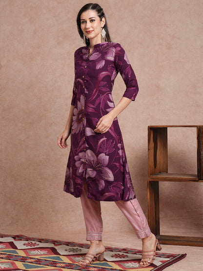 Abstract Floral Printed A-Line Kurta - Deep Purple