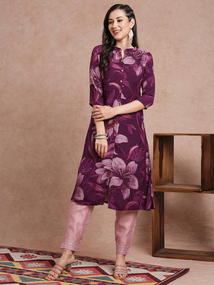 Abstract Floral Printed A-Line Kurta - Deep Purple