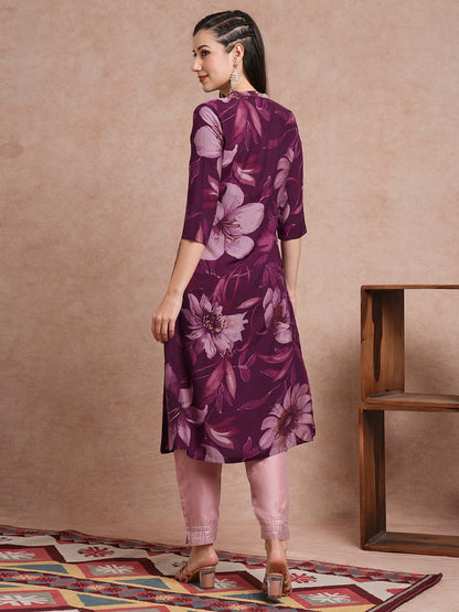 Abstract Floral Printed A-Line Kurta - Deep Purple