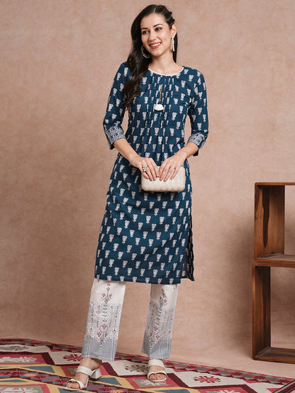 Ethnic Printed Straight Fit Kurta with Pant - Blue