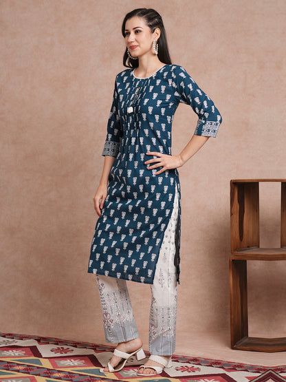 Ethnic Printed Straight Fit Kurta with Pant - Blue