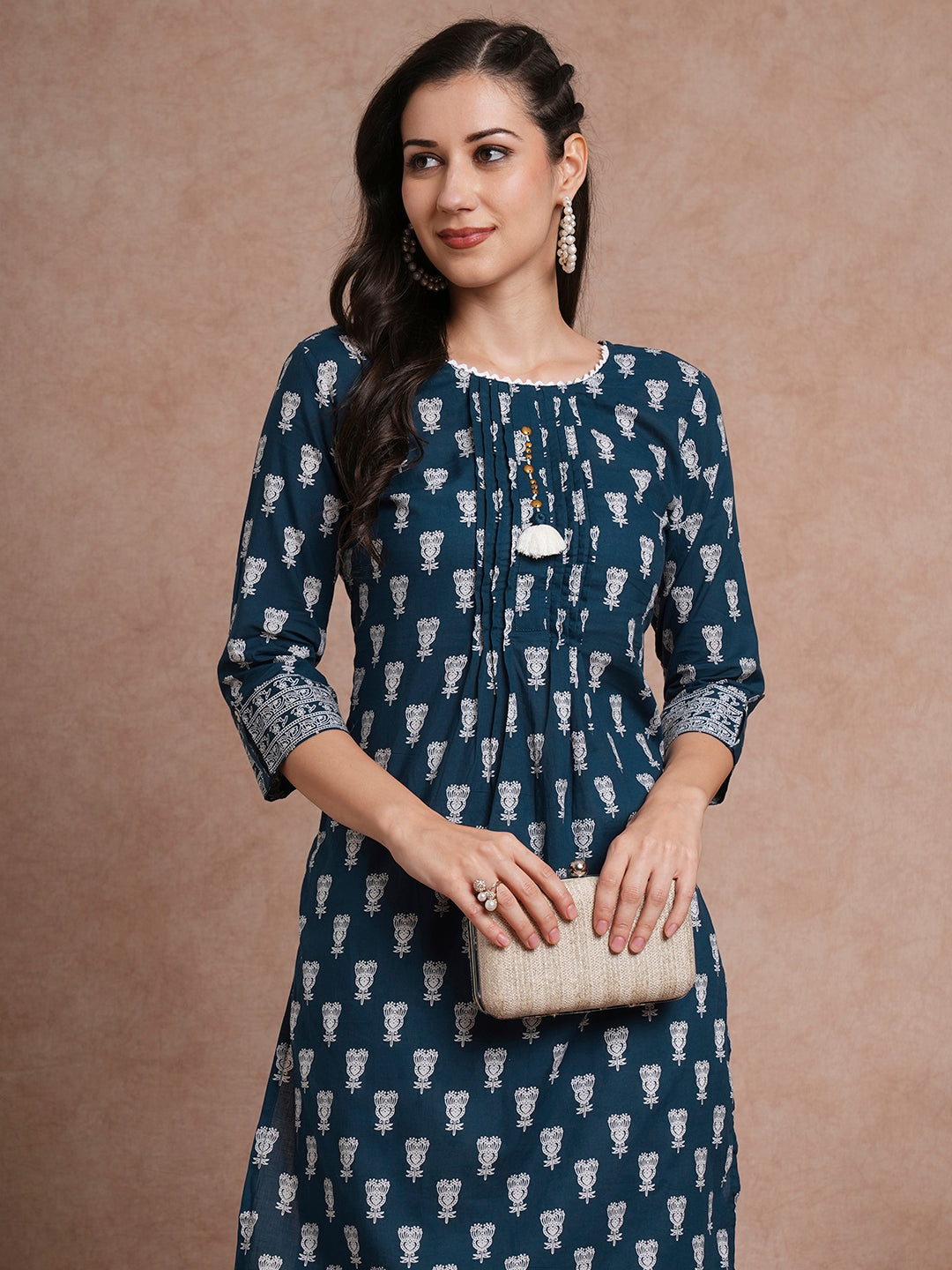 Ethnic Printed Straight Fit Kurta with Pant - Blue